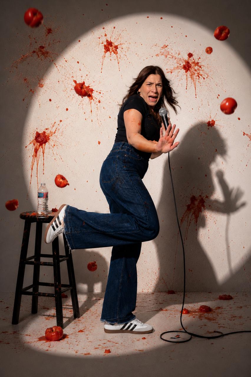Debbie on stage with a microphone, dodging flying tomatoes